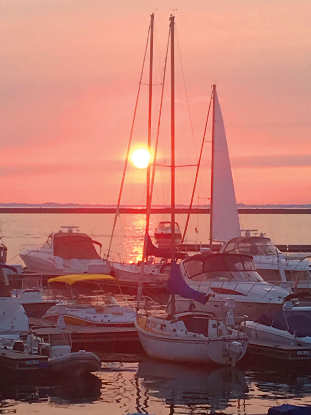 Moored boats at sunset